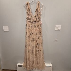 Mac Duggal Embellished Blush Wrap Over Sleeves A-Line Gown 93575